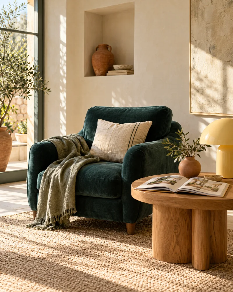 Rincón de lectura luminoso con un sillón verde, una revista y materiales naturales; recreación conceptual con IA.
