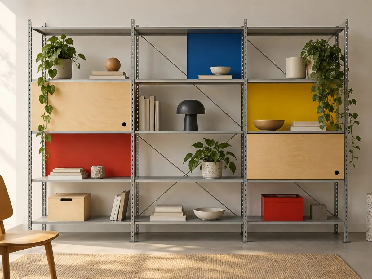 Estante modular de aço com reforços diagonais de arame, prateleiras abertas, painéis de cores primárias e portas de contraplacado claro num interior luminoso.