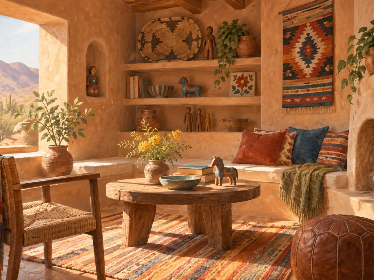 Ilustração de um interior de adobe com móveis de madeira, tecidos coloridos e objetos de arte popular, evocando a estética de Alexander Girard em Santa Fe.