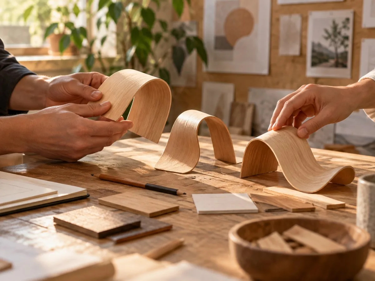 Hands handle curved plywood samples on a worktable.