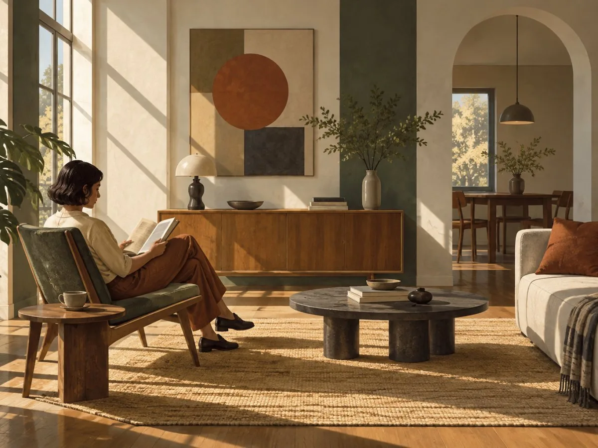 AI-generated illustration of a modern living room with a person reading in a wooden chair, surrounded by mid-century furniture, textiles, and natural light.