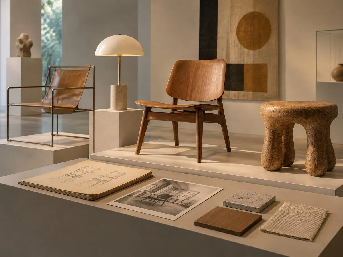 Museum display with a modern wooden chair, an armchair, a lamp and a rough-textured stool; an open book, a photograph and material samples sit in the foreground.