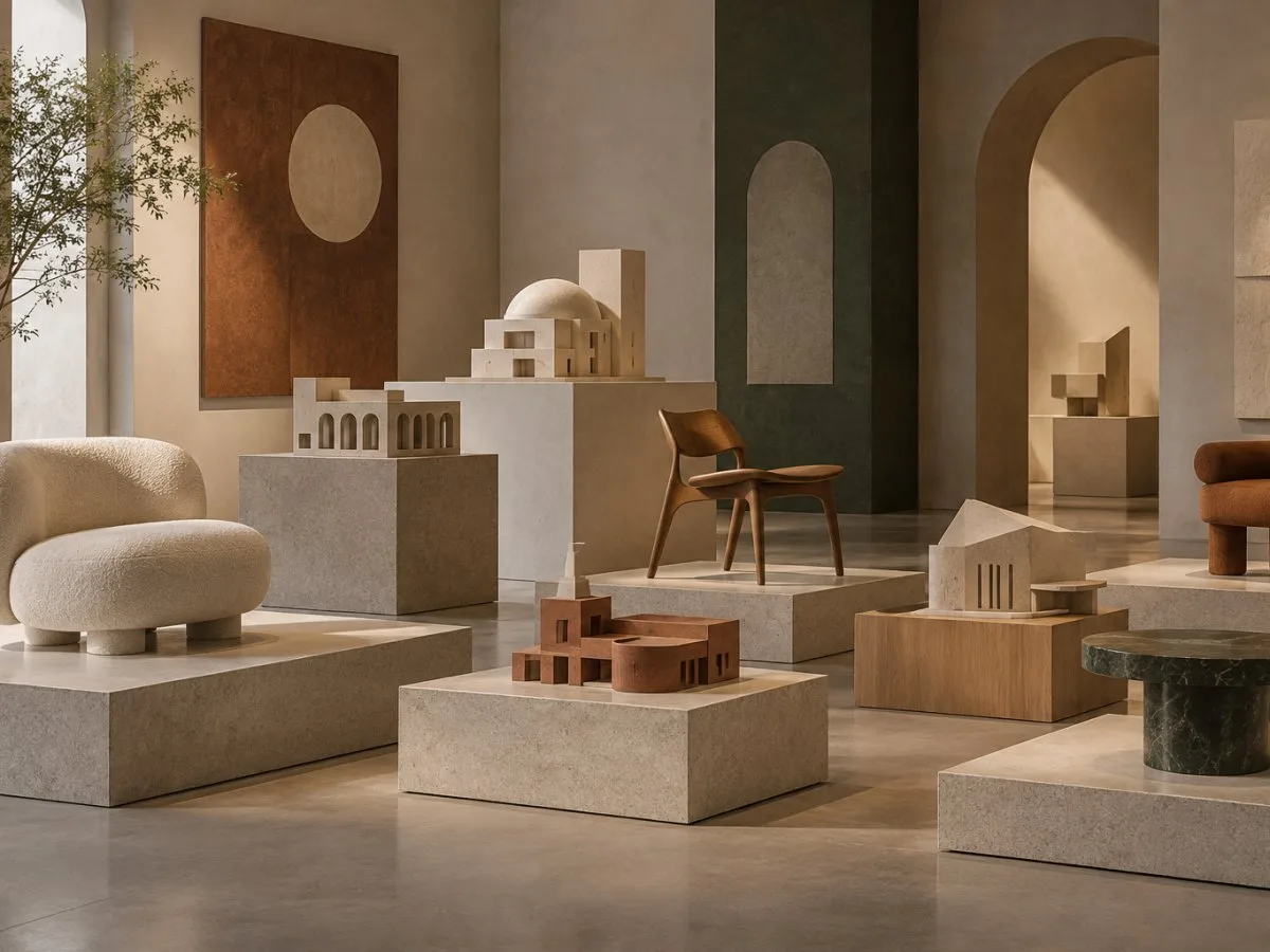Conceptual exhibition with architectural models on plinths, a wooden chair, and contemporary furniture in a warm-toned space.