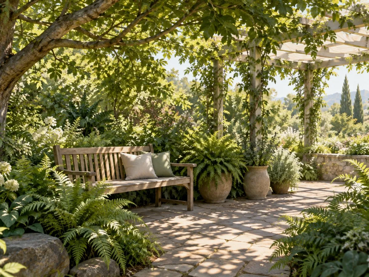 Wooden bench beneath a leafy canopy, surrounded by ferns and potted plants; dappled light falls on a stone patio beside a pergola.