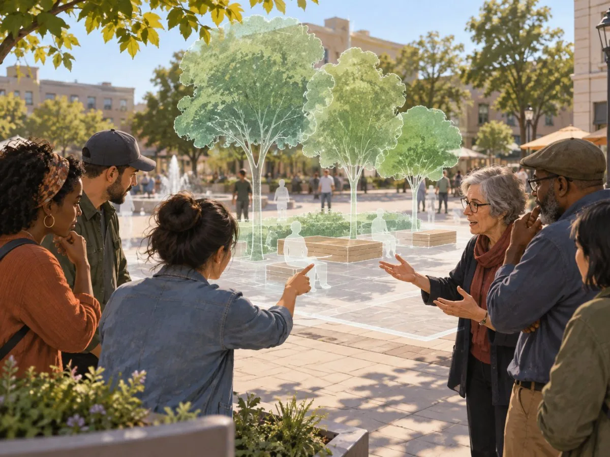 Several people discuss and point to a digital proposal for trees and benches overlaid on a public square.