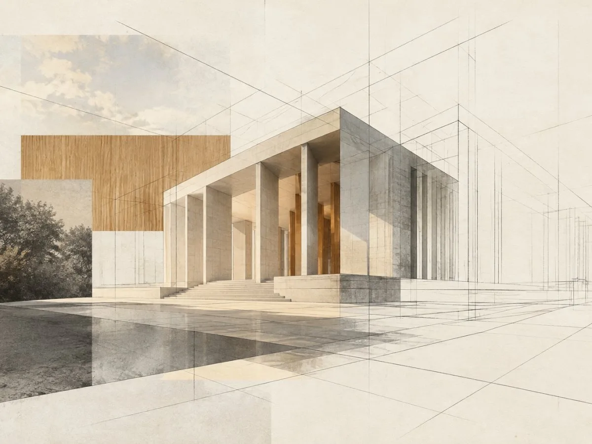 Illustration d’un bâtiment moderne avec des colonnes, des panneaux de bois et des lignes de perspective au crayon sur la façade et le sol.