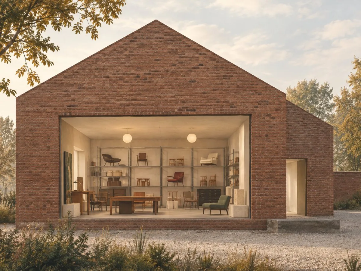 Architectural illustration of a brick building with a large opening revealing an ordered interior with furniture displayed on shelves, suggesting a design museum.