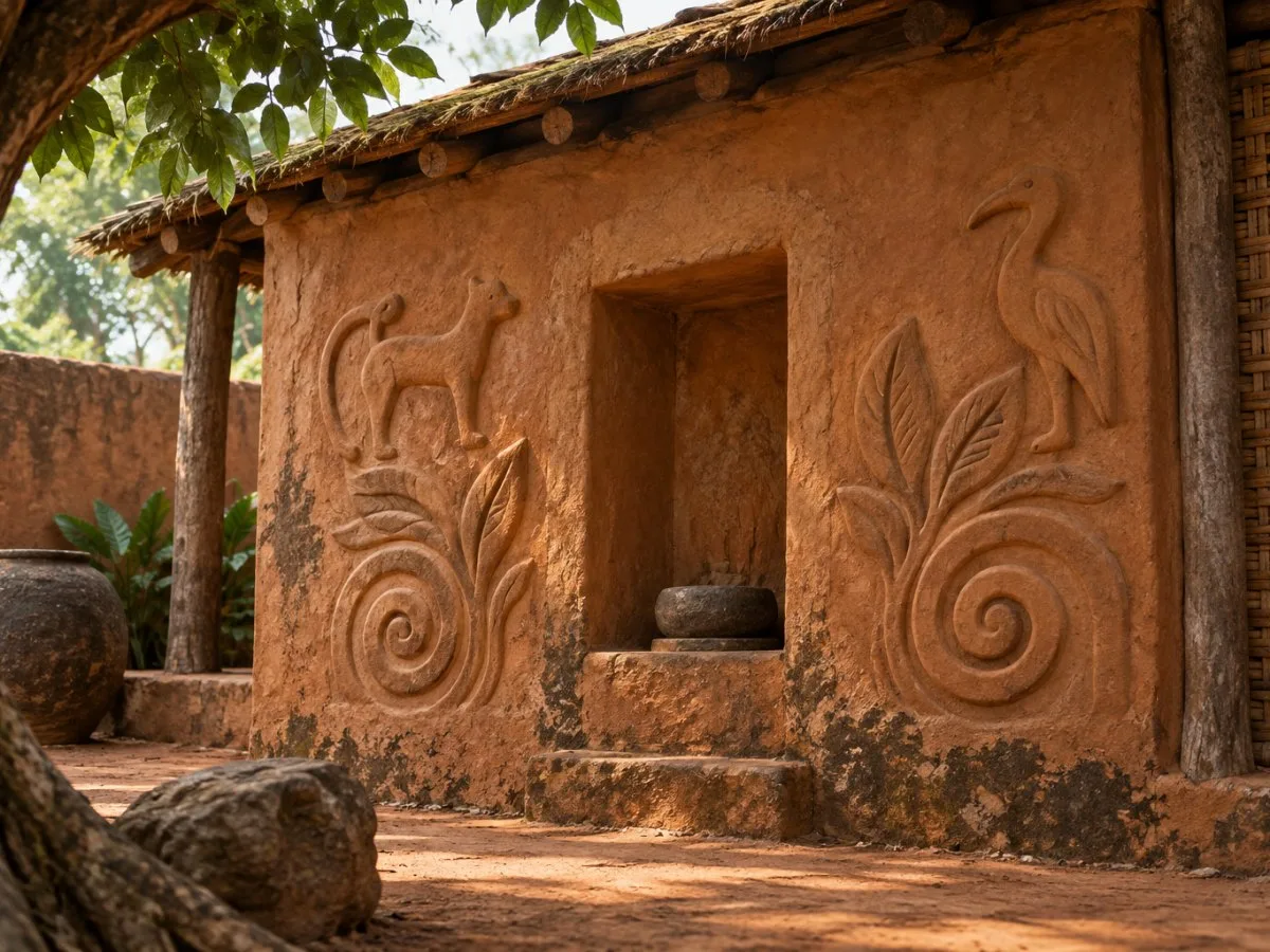 Ilustración de un santuario tradicional asante de tierra con bajorrelieves de animales y espirales Adinkra en la pared.