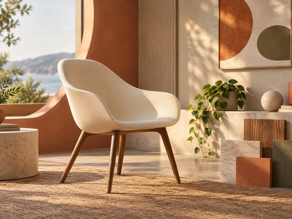 Ilustración generada por IA de una silla de diseño moderno con asiento blanco moldeado y patas de madera, situada en un espacio luminoso con tonos cálidos.