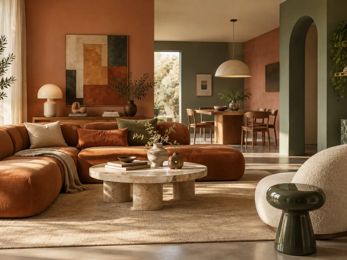Illustrazione di un interno caldo con un divano modulare basso color caramello, un tavolo in pietra e pareti verdi e terracotta, che suggerisce uno spazio di design personalizzato.