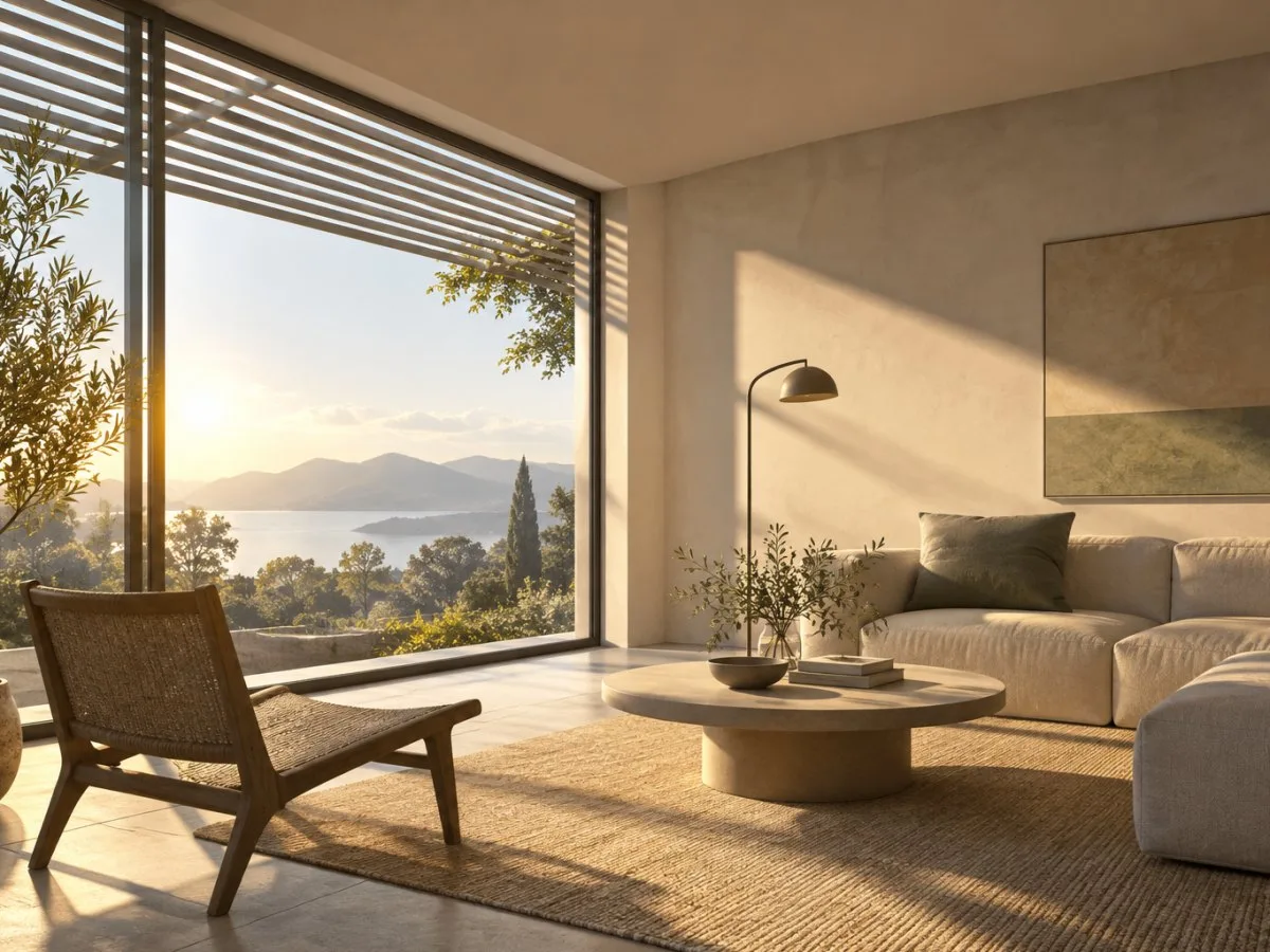 Un soggiorno contemporaneo con una grande vetrata, schermature esterne, vista sul paesaggio e luce solare che entra sul pavimento.