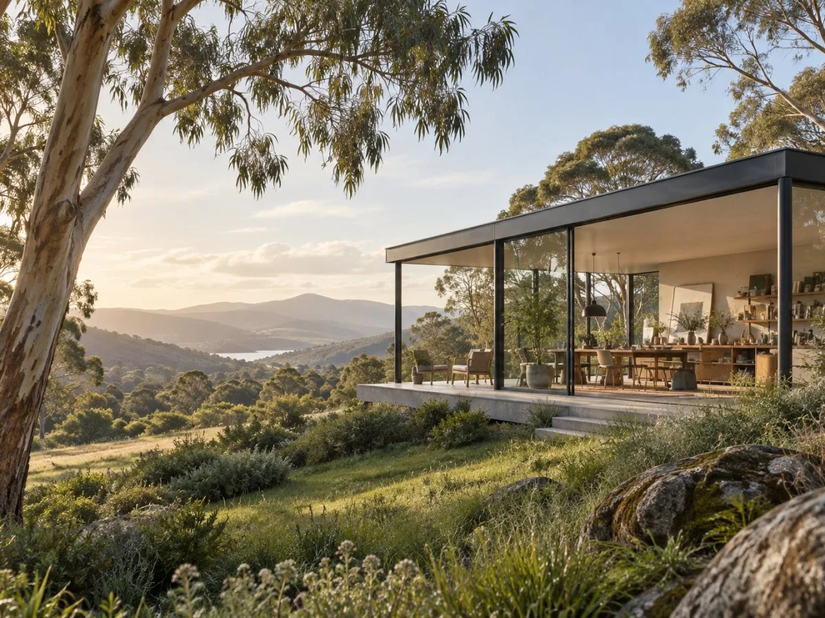 Ilustração gerada por IA de uma casa moderna de aço e vidro integrada em uma paisagem natural com prado e árvores, mostrando um interior quente e habitado.